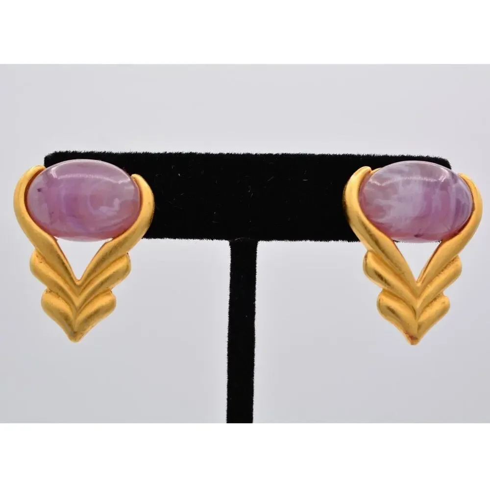 Vintage Cabochon Earrings Purple Marbled Lucite Brushed Gold Dangle Drop 90s 9L